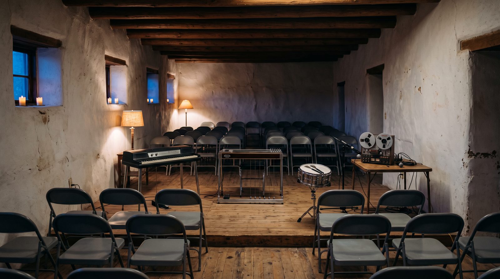 Rows of metal folding chairs set in an empty adobe hall at dusk, lamps lit