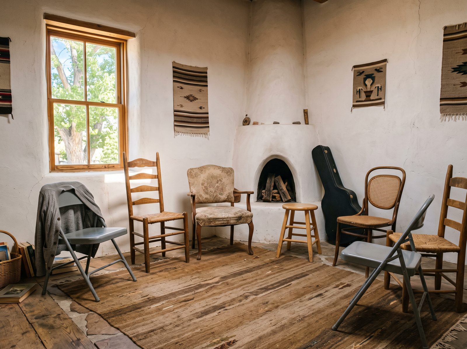 An adobe living room in afternoon light with seven chairs, most of them empty