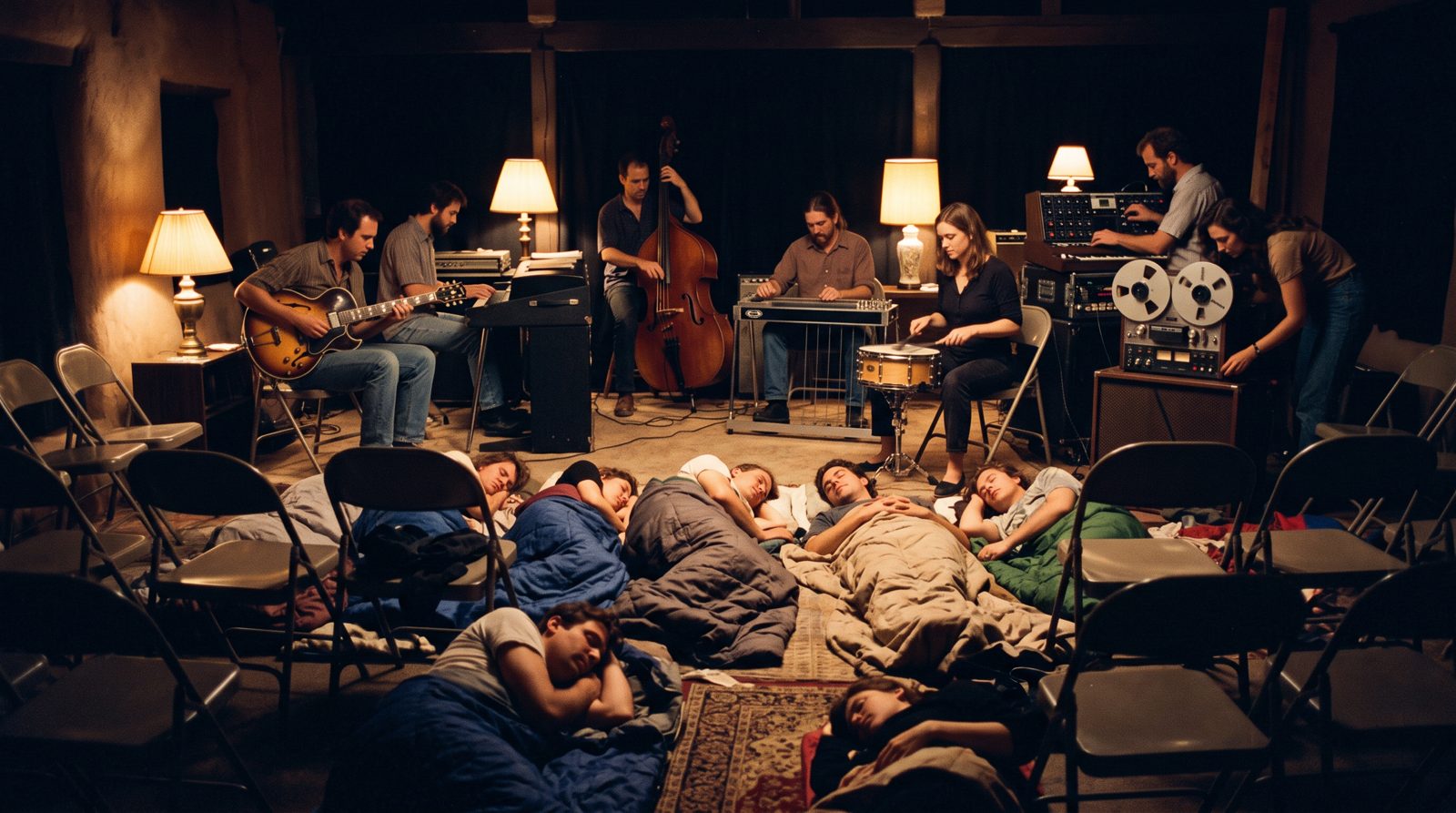 Audience members lying in sleeping bags on a venue floor while seven musicians play seated in lamp light